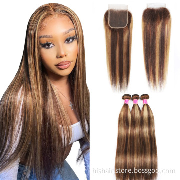 Wholesale Brown Highlight 4/27 Color Bone Straight Hair Bundles Brazilian Human Hair With 4X4 Transparent Closure Remy Hair